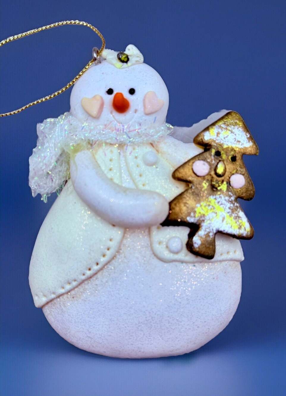 Handmade Dough Art Clay CHRISTMAS Ornament COUNTRY SNOWMAN, Snowlady Tree